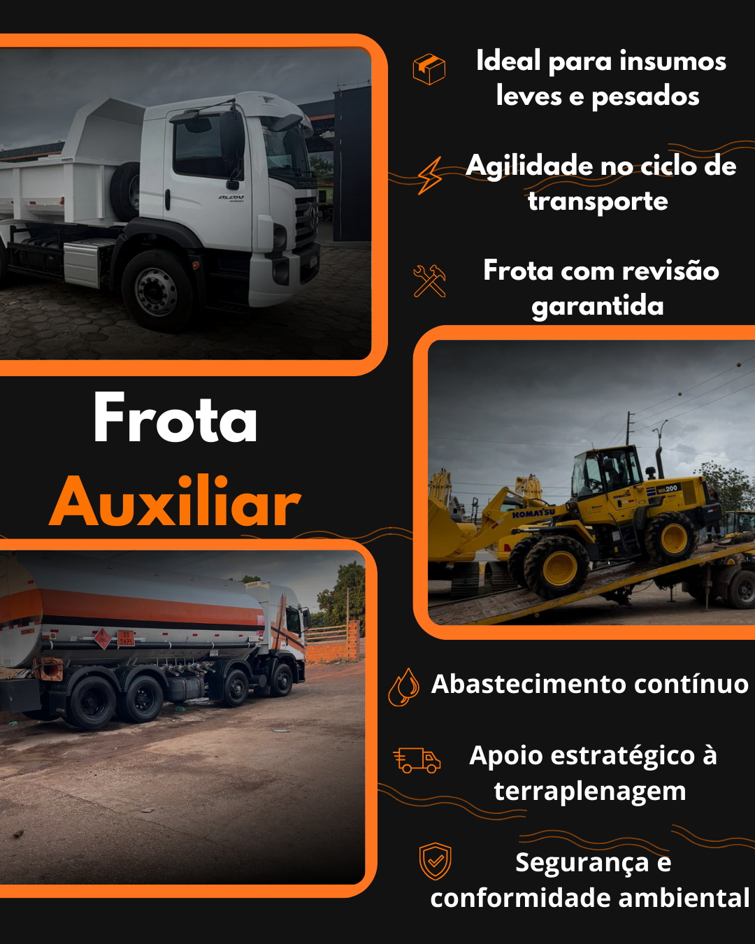 Frota auxiliar com caminhões, escavadeiras e caminhão tanque